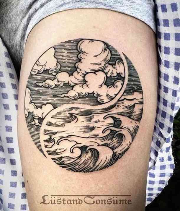 dotwork cloud sleeve tattoo