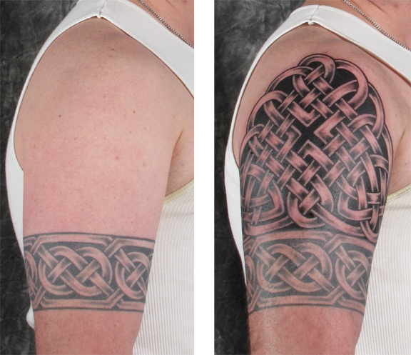 an upper arm tattoo with celtic knot