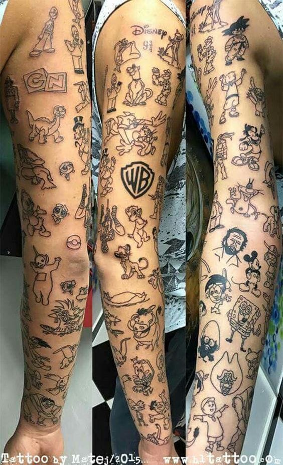 cartoon patchwork sleeve tattoo
