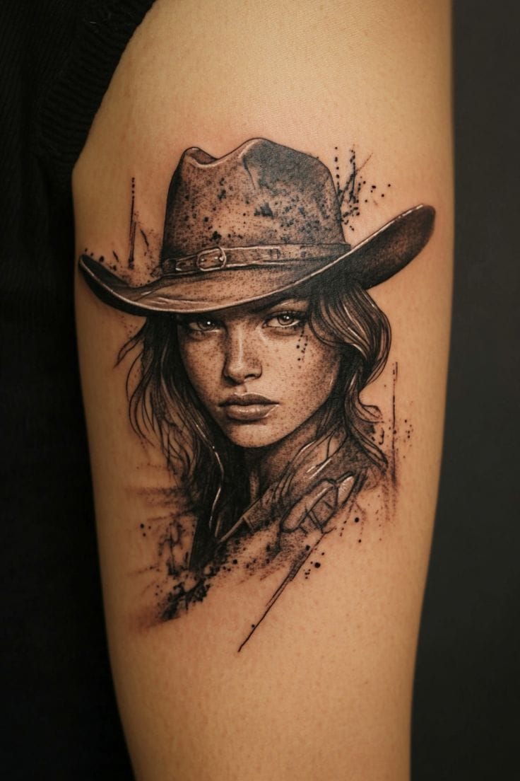 wild west with leather-look cowboy hat tattoos in sepia tones