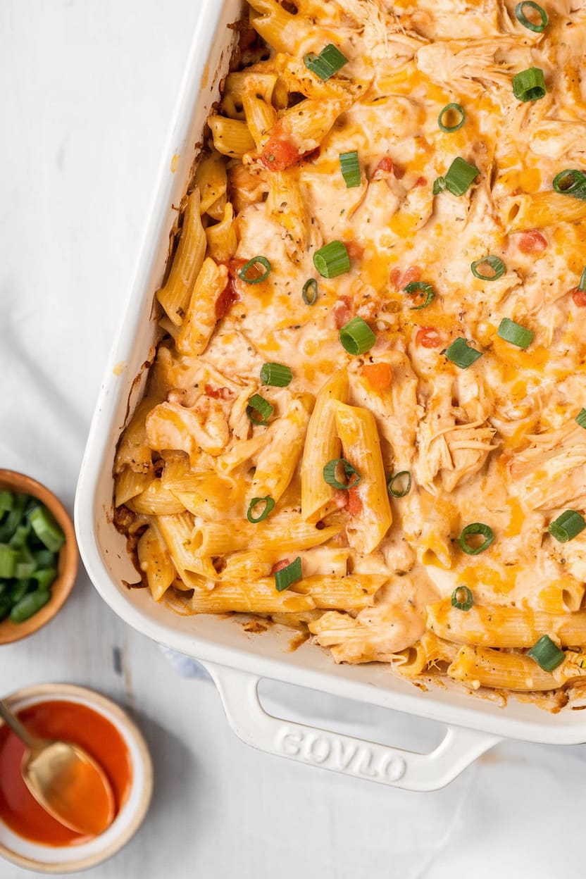 Healthy Buffalo Chicken Pasta Bake