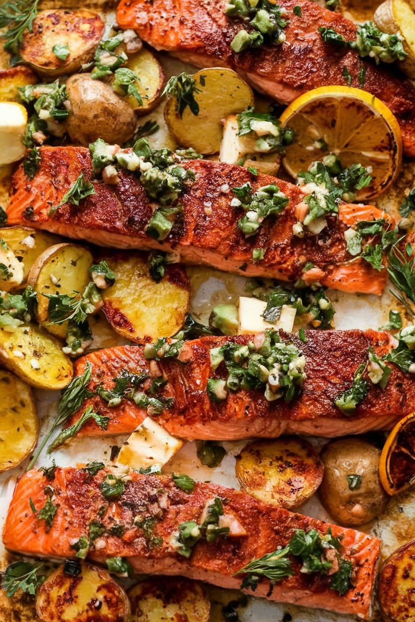 Sheet Pan Salmon with Citrus Avocado Salsa and Potatoes.