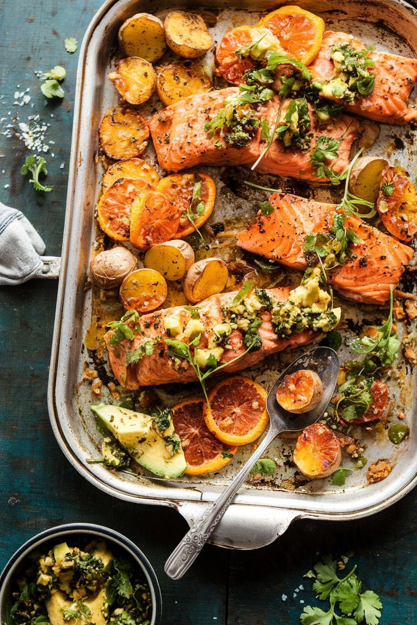 Sheet Pan Salmon with Citrus Avocado Salsa and Potatoes.