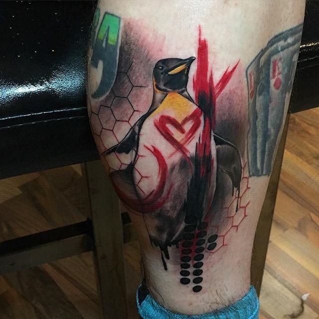 trash polka style penguin tattoo