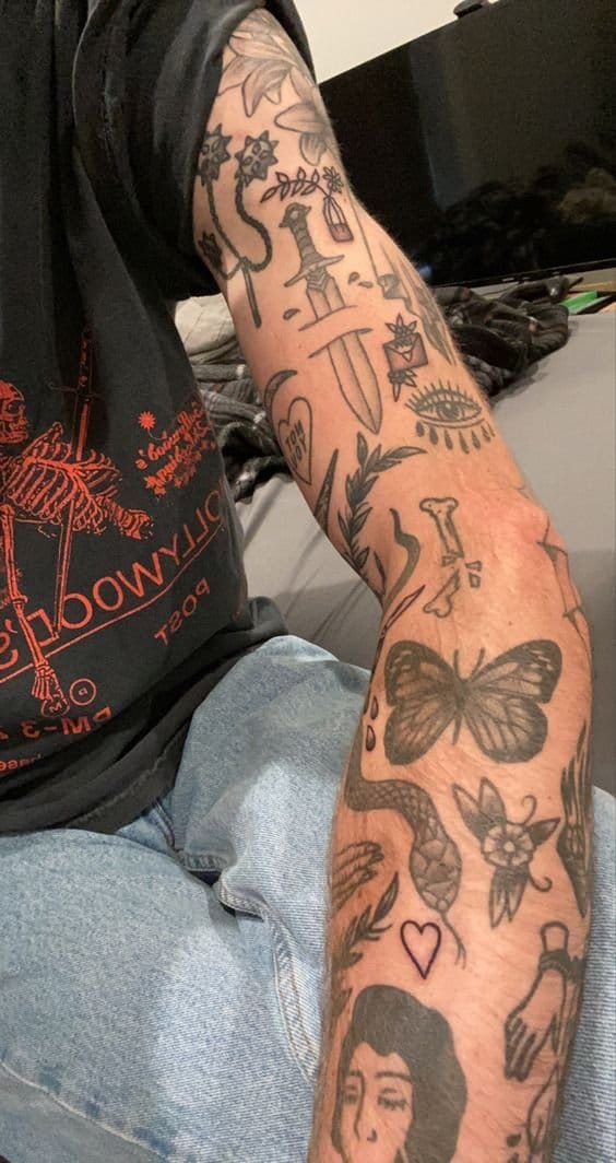 abstract patchwork sleeve tattoo