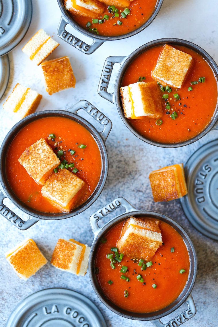 Creamy Tomato Soup with Grilled Cheese "Croutons"