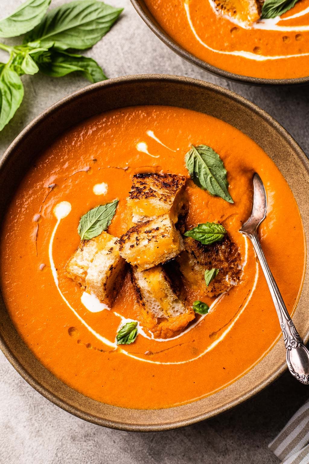 Creamy Tomato Soup with Grilled Cheese "Croutons"