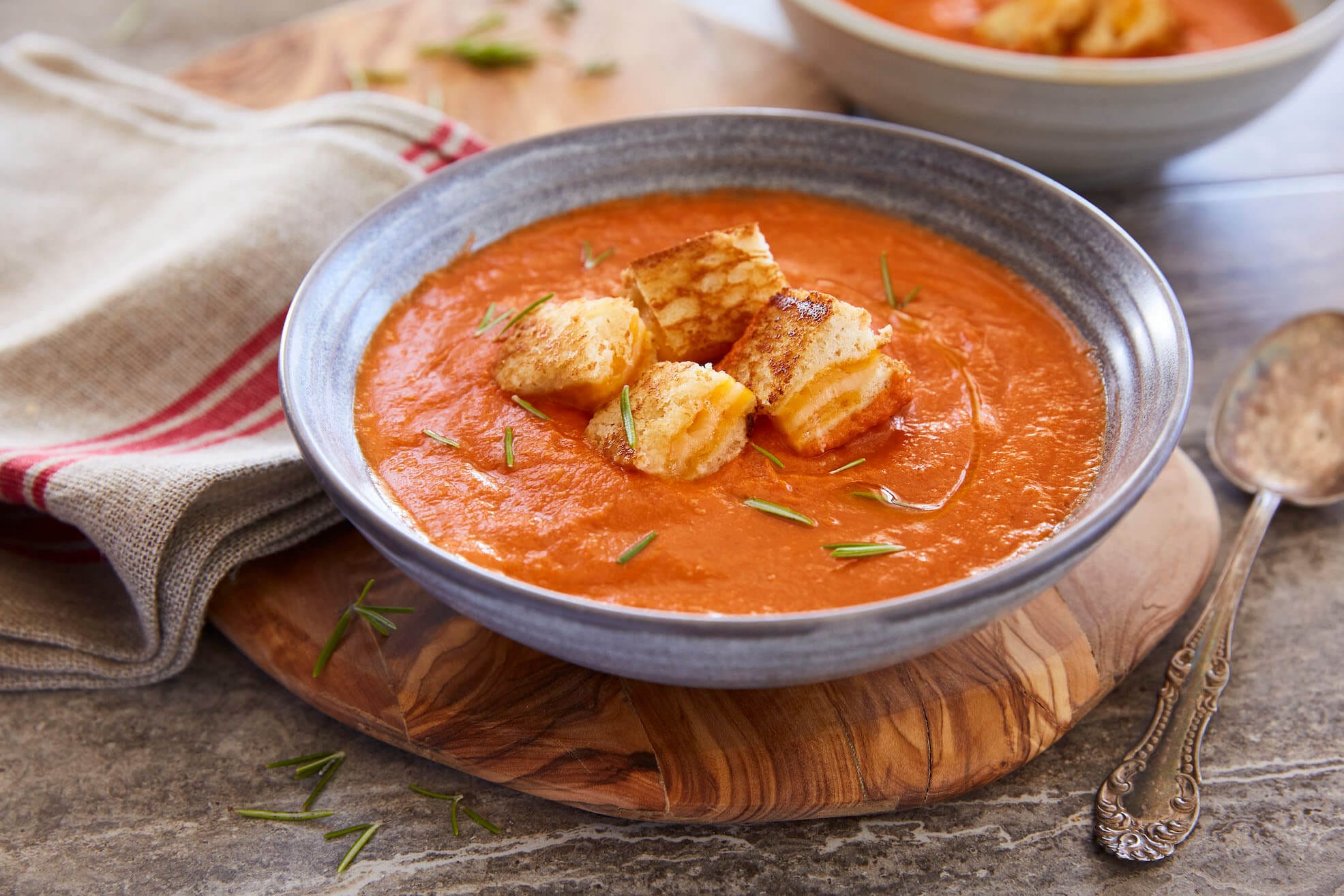 Creamy Tomato Soup with Grilled Cheese "Croutons"