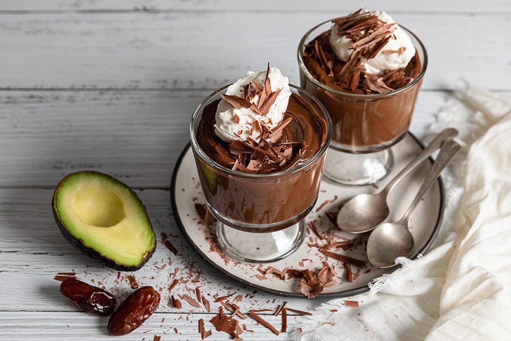 a delicious dessert with dark chocolate avocado mousse