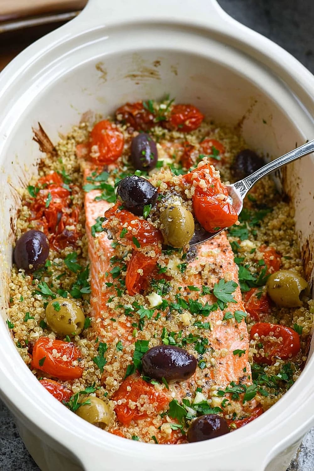Slow Cooker Salmon With Olives, Tomatoes, and Lemony Quinoa