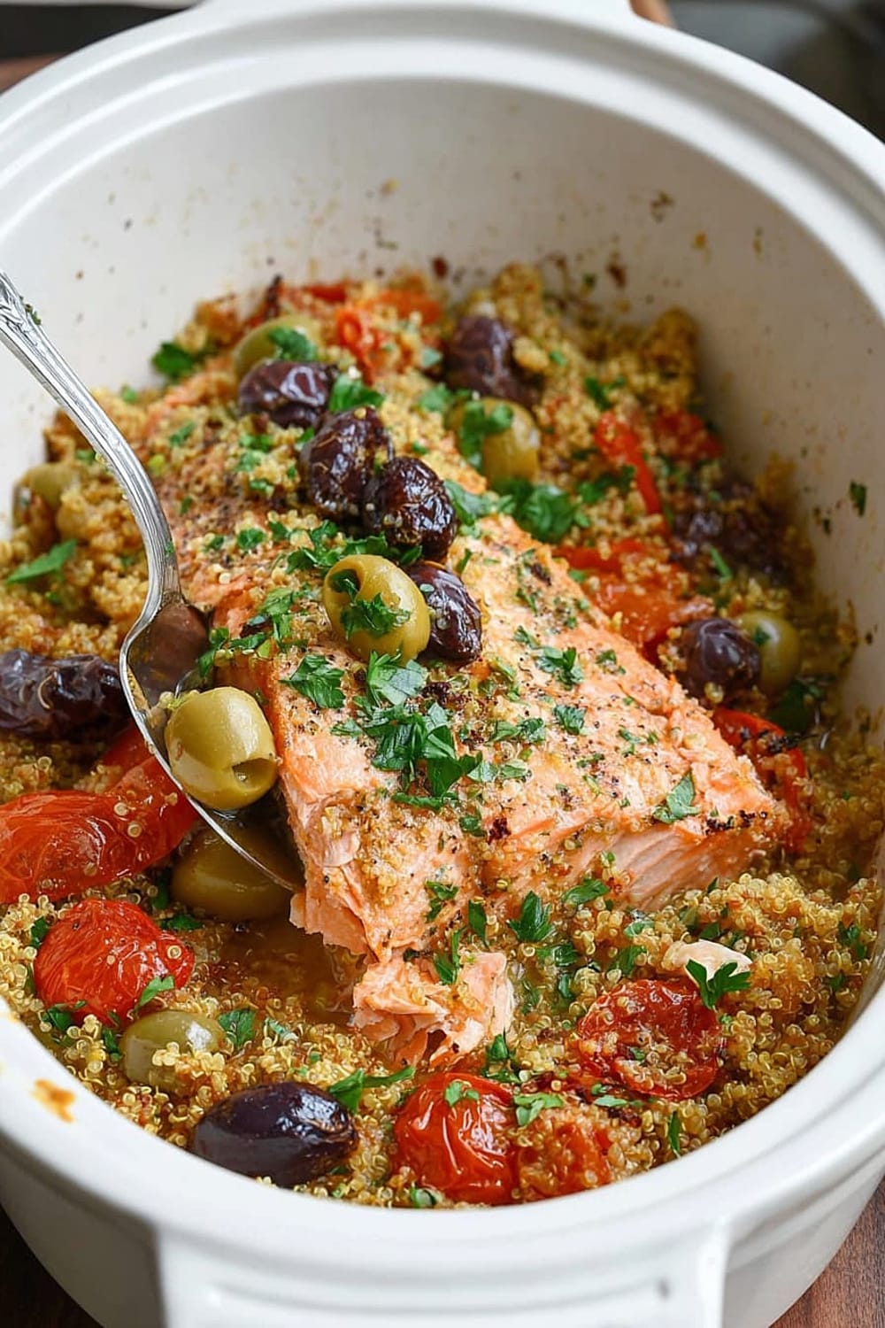 Slow Cooker Salmon With Olives, Tomatoes, and Lemony Quinoa