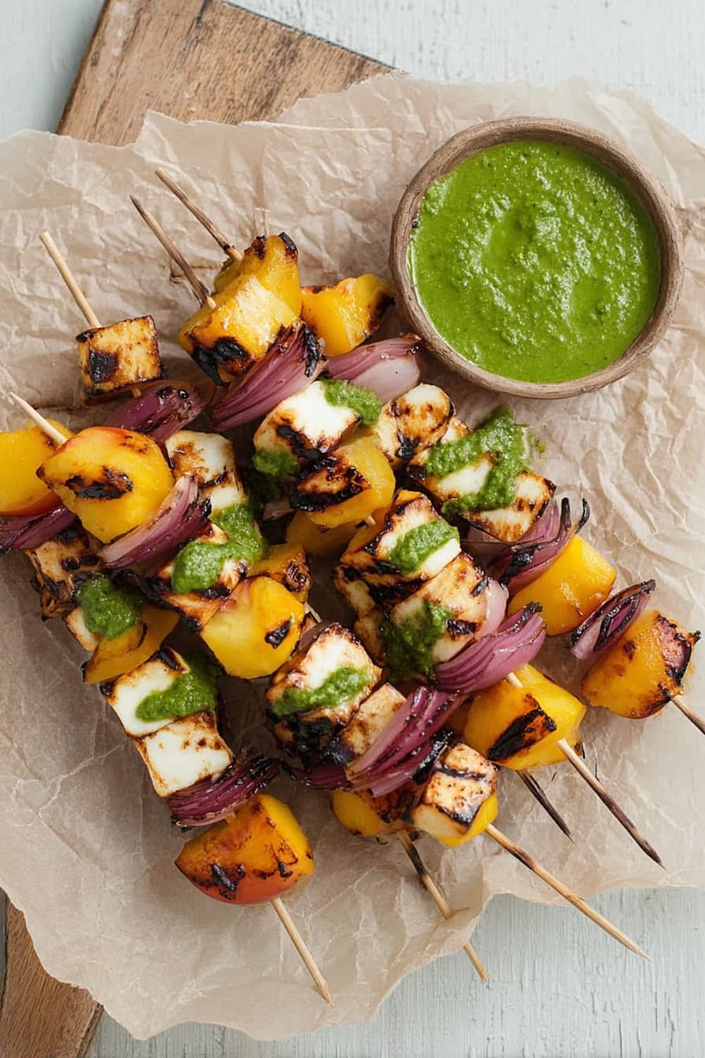 Grilled Peach and Halloumi Skewers with Basil-Jalapeno Sauce