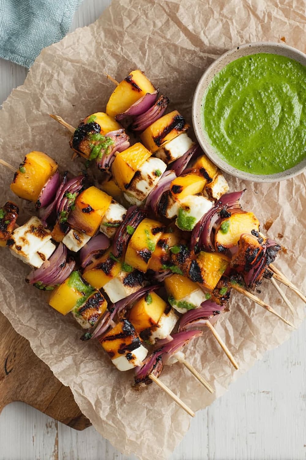 Grilled Peach and Halloumi Skewers with Basil-Jalapeno Sauce