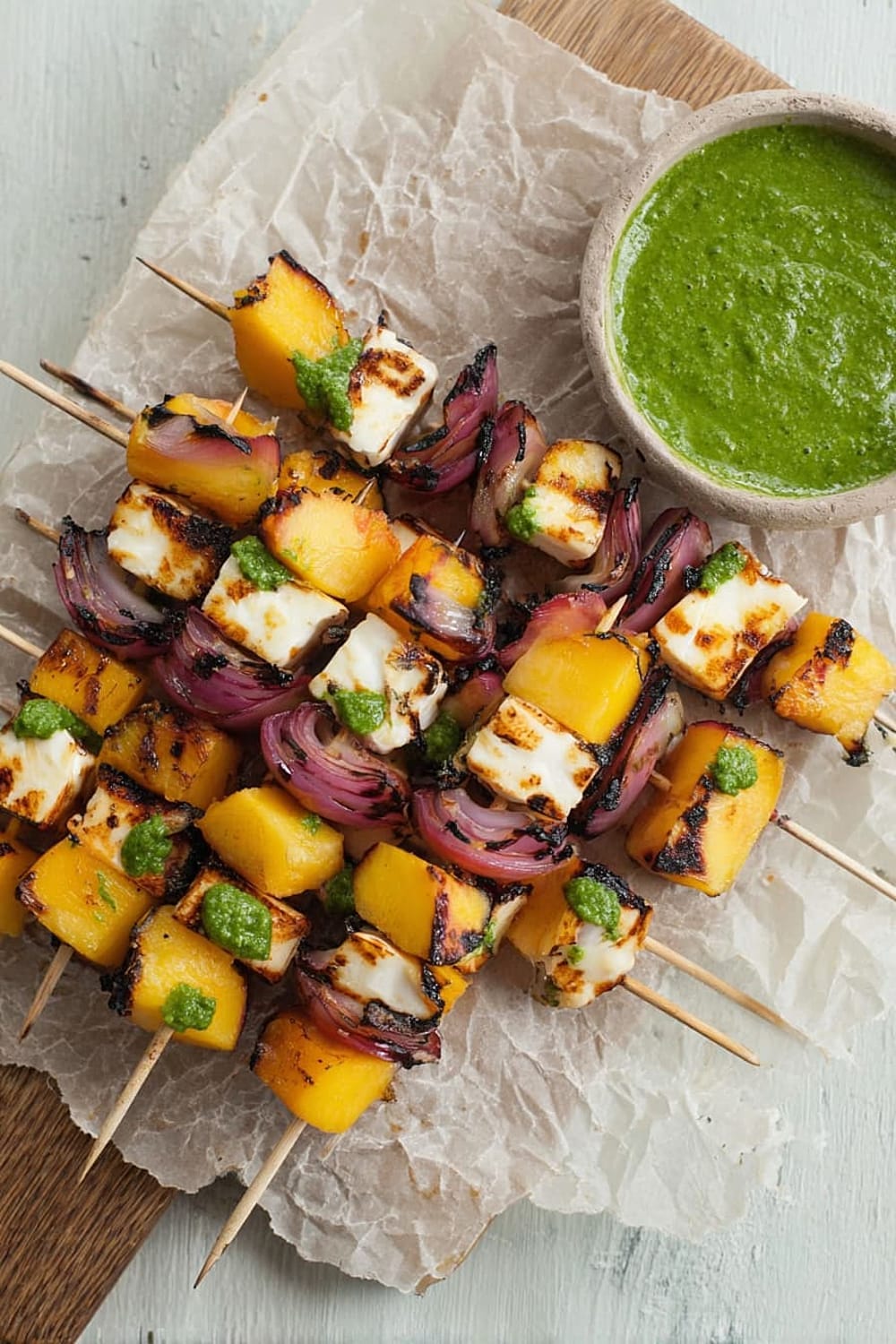 Grilled Peach and Halloumi Skewers with Basil-Jalapeno Sauce