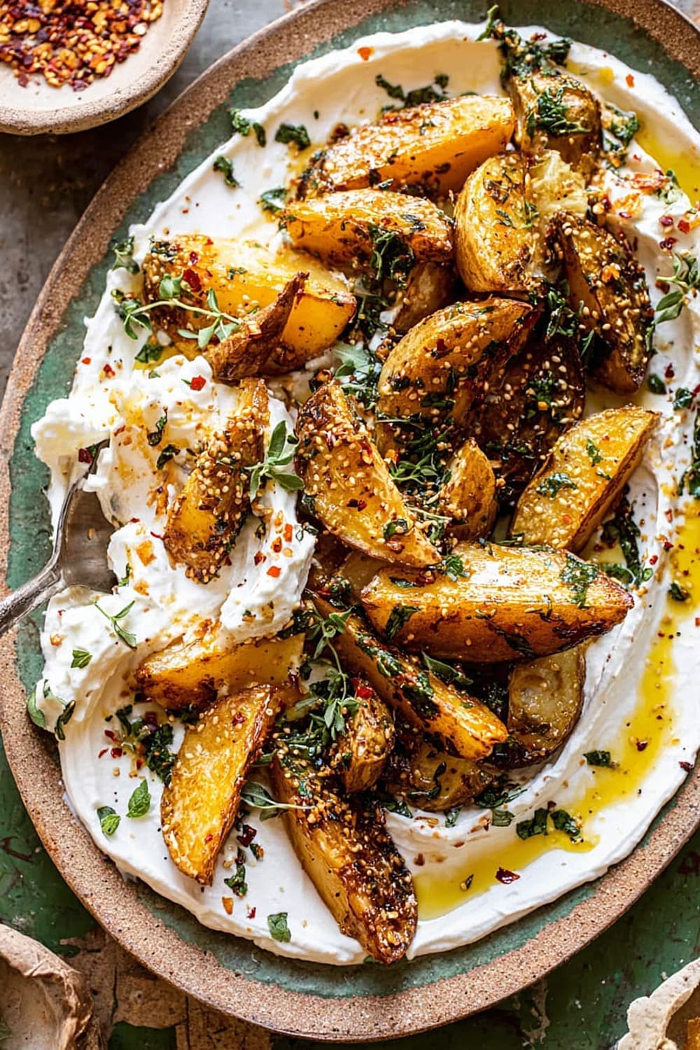 Crispy Oregano Roasted Potatoes with Creamy Feta Sauce
