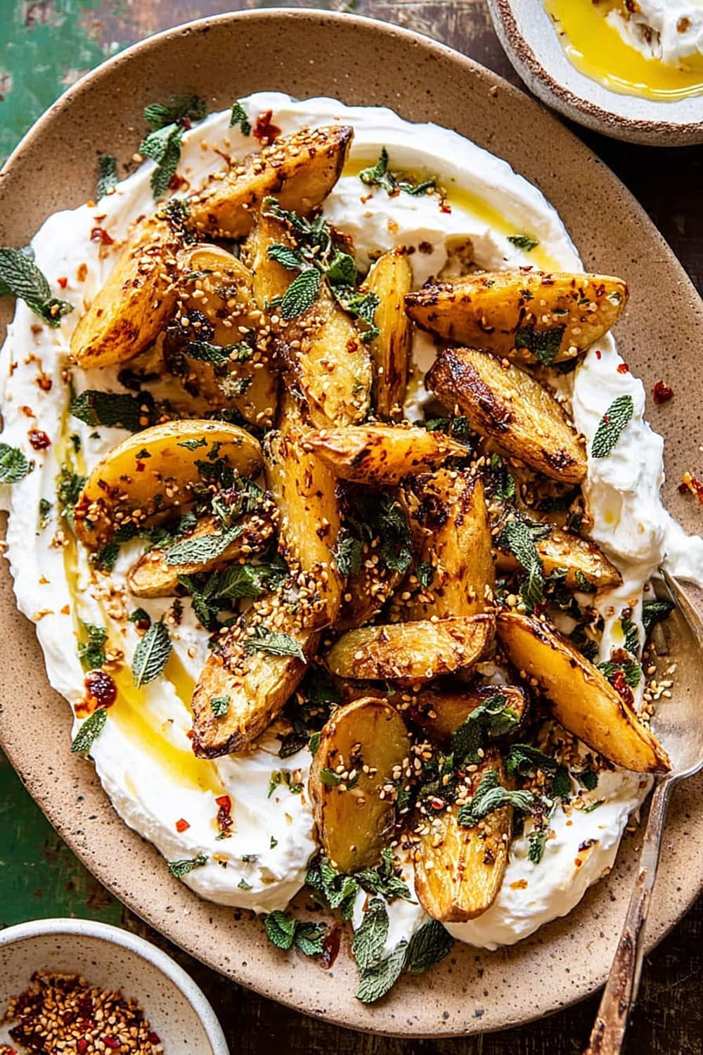 Crispy Oregano Roasted Potatoes with Creamy Feta Sauce