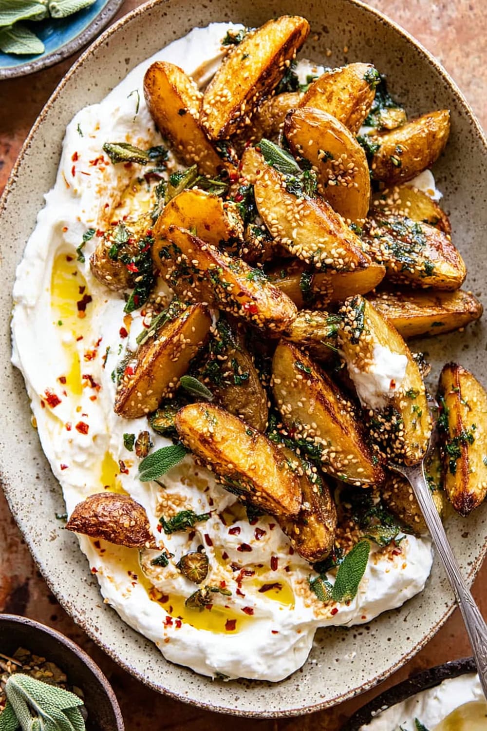 Crispy Oregano Roasted Potatoes with Creamy Feta Sauce