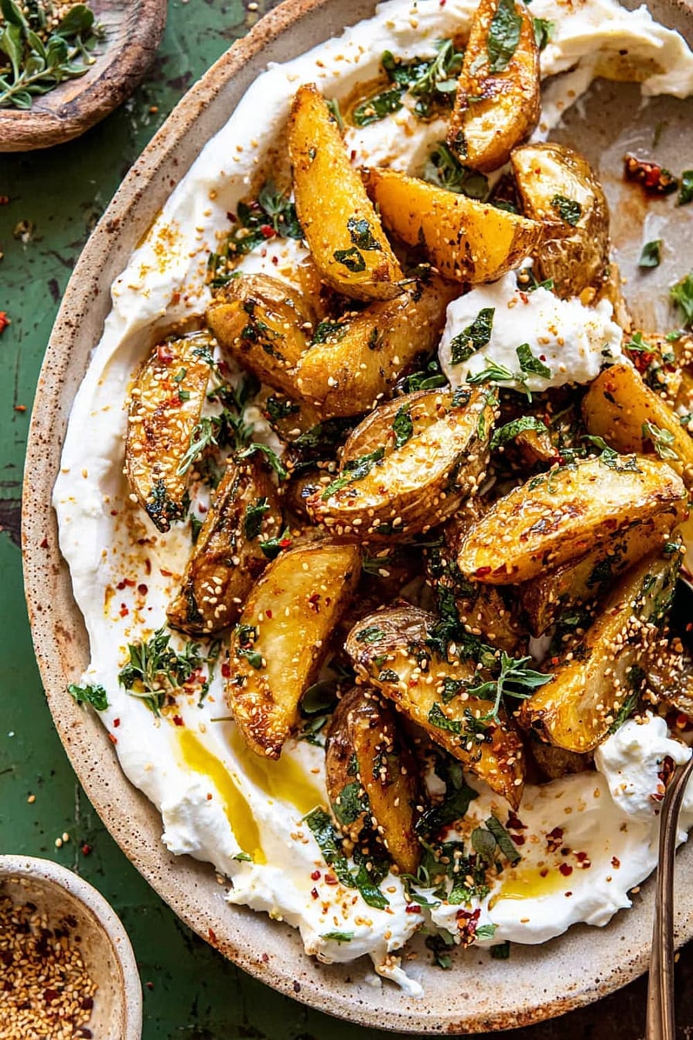Crispy Oregano Roasted Potatoes with Creamy Feta Sauce