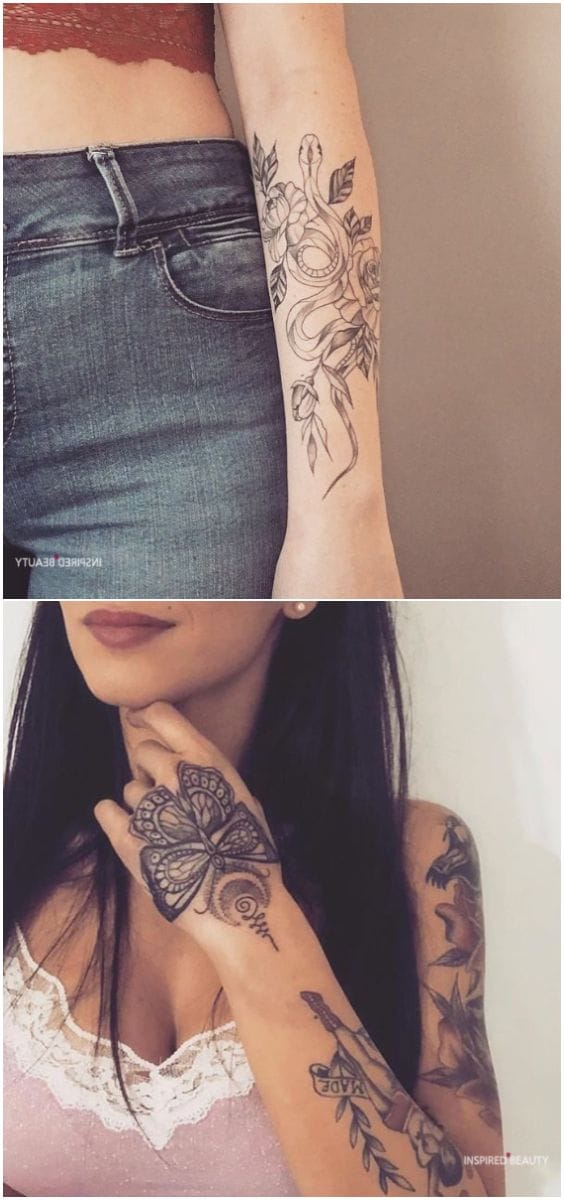 **Delicate botanical artistry winds gracefully around the forearm, featuring intricately detailed roses and flowing foliage rendered in fine black linework.** The elegant placement allows the design to move naturally with the arm's contours, while the classic floral motifs create a timeless feminine aesthetic that's both romantic and sophisticated.
**Bold geometric patterns transform the hand into a stunning canvas, with an ornate butterfly-inspired mandala taking center stage on the palm.** This placement choice makes a fearless statement, as hand tattoos require serious commitment, while the intricate dotwork and symmetrical design showcase exceptional technical skill that demands attention with every gesture.