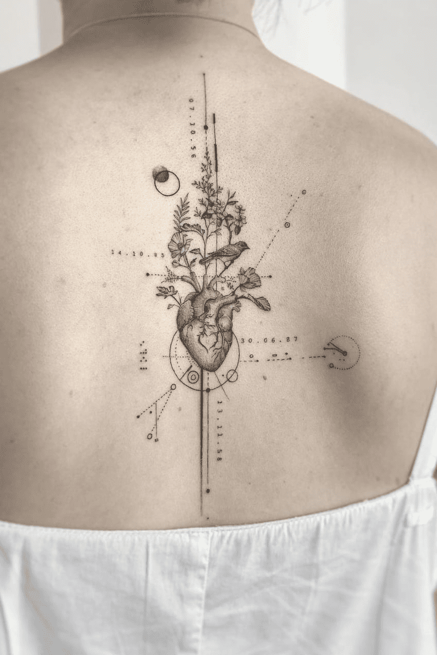 Delicate geometric precision meets botanical poetry in this stunning spine tattoo, where an anatomical heart blooms into wild flora against a backdrop of celestial coordinates and dotted constellations. The fine-line artistry creates a mesmerizing journey from scientific diagram to organic garden, with mysterious numbers and orbital patterns dancing around the central composition like a secret map written on skin. 🌿