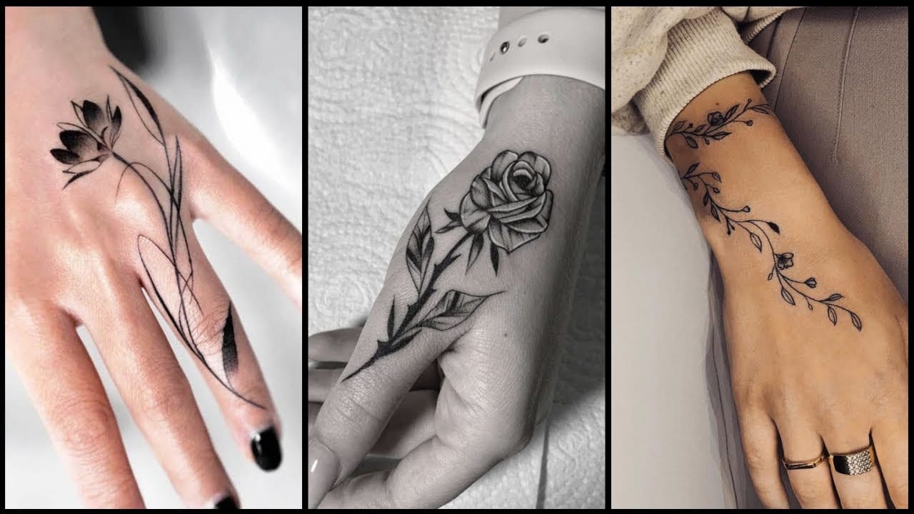 **Delicate botanical artistry flows across these hands like living poetry in ink.** The fine line work creates an ethereal quality that makes each floral element appear to dance across the skin, while the strategic placement along fingers and palms transforms everyday gestures into graceful displays of nature's beauty. These minimalist masterpieces prove that sometimes the most understated tattoos make the boldest statements ✨