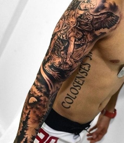 Cascading down this arm like an epic tale carved in flesh, this masterful sleeve weaves together winged warriors and mythological scenes in stunning black and grey realism. The intricate shading and dimensional depth create a living gallery that transforms the entire limb into a canvas of divine combat and celestial drama. ⚔️
