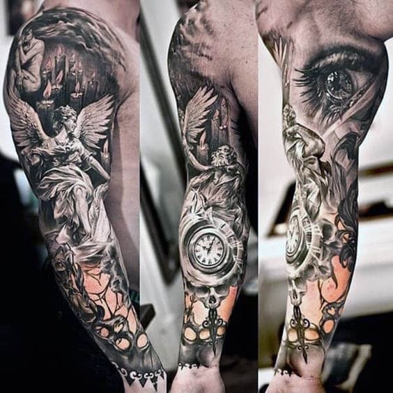 Masterful black and grey realism transforms this full sleeve into a haunting narrative of spirituality and mortality. The angel figure flows seamlessly into intricate clockwork details, while that photorealistic eye creates an almost unsettling focal point that seems to follow you. Every inch tells a story through incredibly detailed shading and symbolic elements that blur the line between sacred and macabre ⚫