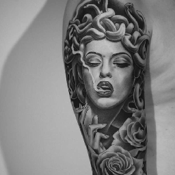 Haunting beauty emerges from shadow and ink in this mesmerizing Medusa portrait, where serpentine locks intertwine with delicate roses in striking black and gray realism. The artist's masterful shading technique brings incredible depth to every scale and petal, creating a piece that's both mythologically powerful and romantically soft 🐍 Perfect placement on the forearm allows this legendary gorgon to command attention with her hypnotic gaze.