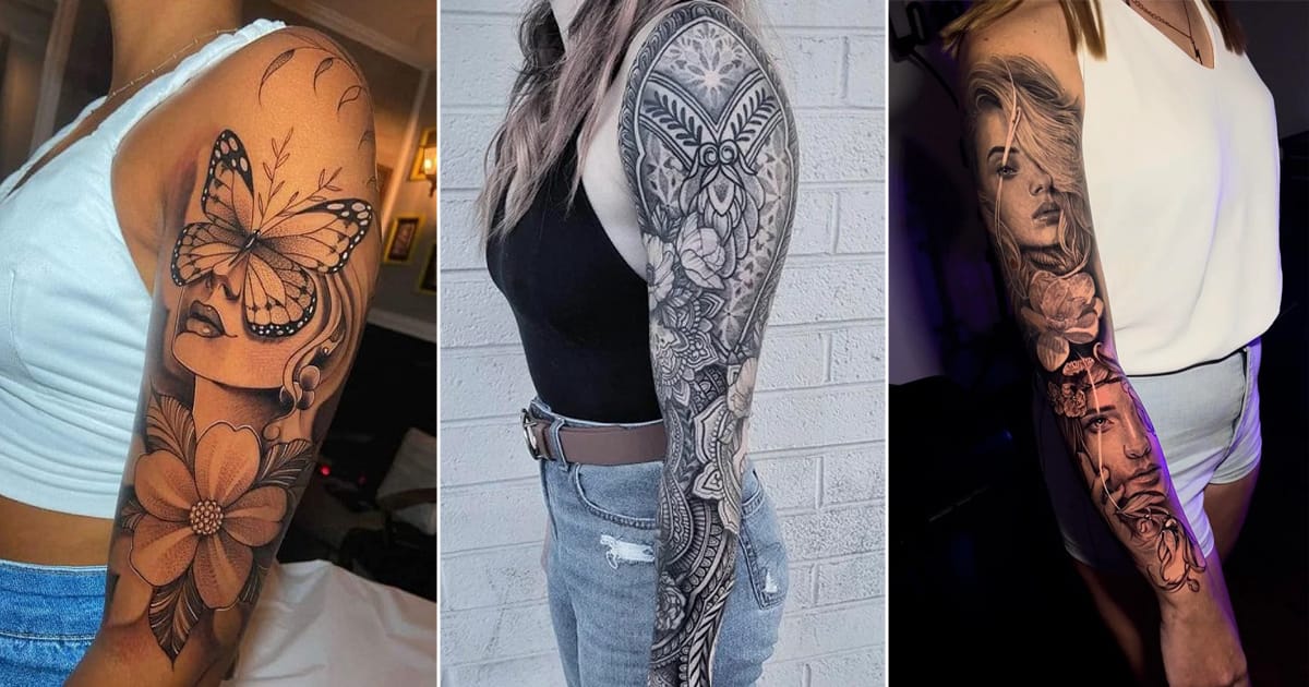 **Left Image:** Delicate butterflies dance across skin in this stunning half-sleeve masterpiece, where feminine portraiture meets nature's most graceful creatures. The intricate linework and floral elements create a dreamy composition that flows beautifully from shoulder to elbow.
**Middle Image:** Bold geometric patterns and ornate mandalas transform this full sleeve into wearable art, showcasing incredible detail work that catches light and shadow perfectly. Every inch tells a story through intricate lacework designs that wrap the arm like an elegant textile.
**Right Image:** Realistic portraiture takes center stage in this dramatic sleeve, featuring hauntingly beautiful faces surrounded by blooming roses 🌹 The artist's skill in capturing emotion and expression elevates this piece beyond typical tattoo work into fine art territory.