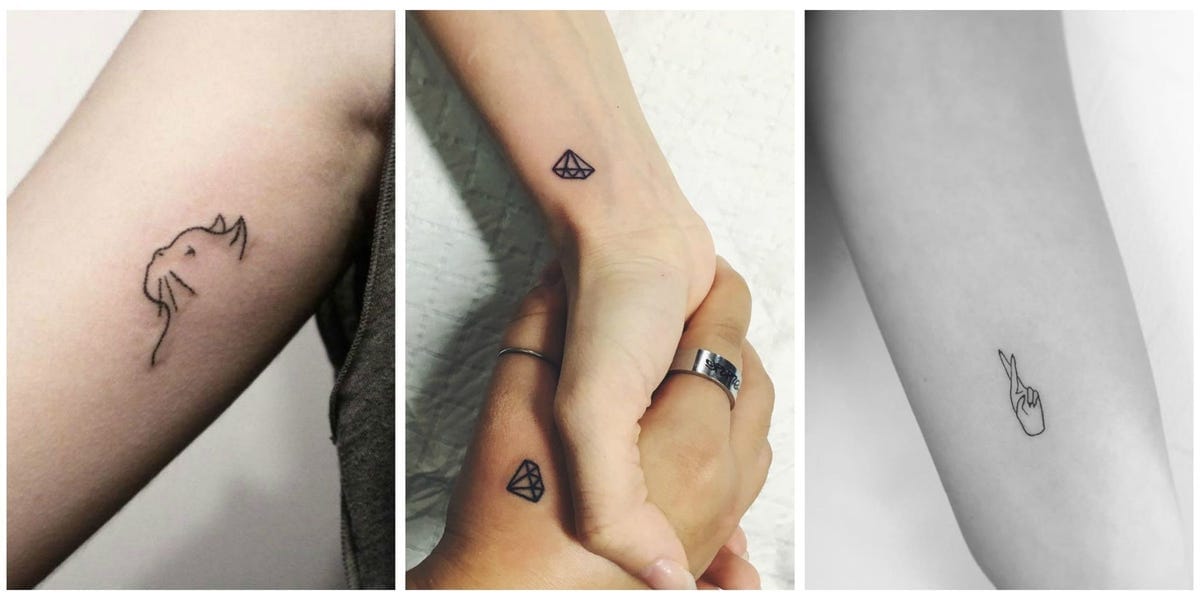 **Minimalist Magic in Matching Ink** ✨
Clean lines and geometric precision define these beautifully coordinated tattoos - a delicate unicorn silhouette paired with tiny diamond outlines and a graceful hand gesture. The subtle black linework creates an effortlessly chic aesthetic that's perfect for those who appreciate understated body art with meaningful symbolism.