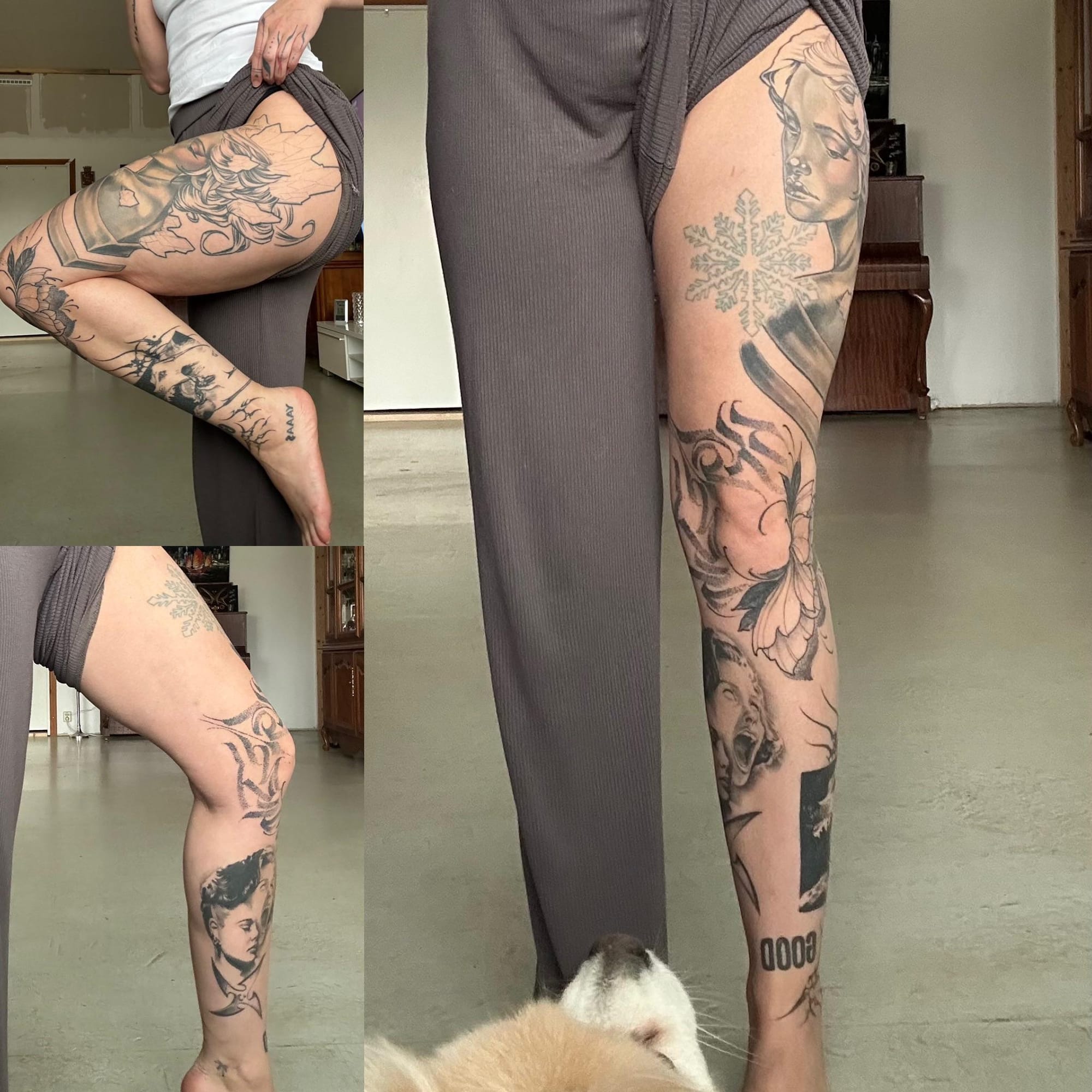 Intricate black and grey realism flows seamlessly down this full leg sleeve, featuring beautifully detailed portrait work alongside delicate floral elements and geometric patterns. The masterful shading and composition create a cohesive narrative from thigh to ankle, with each element perfectly balanced to complement the leg's natural curves. A stunning example of how multiple tattoo styles can harmoniously blend into one breathtaking piece of wearable art ✨