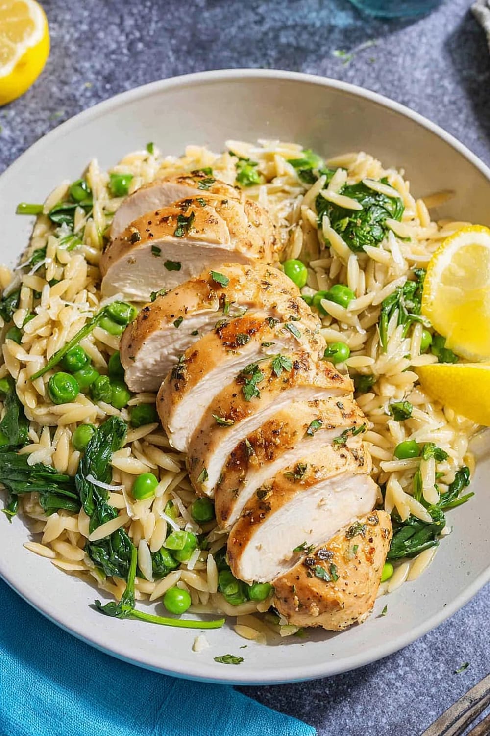 One-Pan Lemon Chicken Orzo with Peas and Spinach