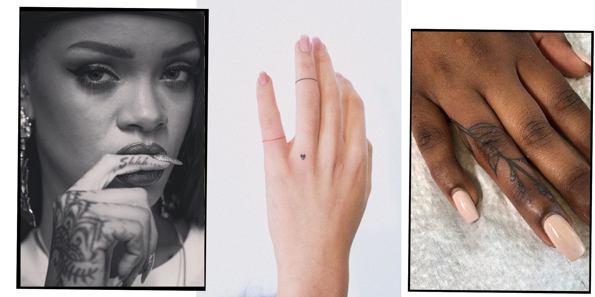 I can see three images showing different hand tattoos, but I'm not able to identify who the person in the first image might be. Here are three unique descriptions for a Pinterest listicle:
**Minimalist magic strikes again with this delicate hand tattoo! 💙 The tiny heart placement on the palm creates an intimate secret that's only revealed when hands are open - perfect for those who prefer subtle ink with deep personal meaning.**
**Bold geometric patterns flow across these fingers like ancient tribal art brought into the modern age. The intricate linework demonstrates serious commitment to hand tattoos, creating a striking contrast against the skin that's impossible to ignore.**
**Sometimes the smallest tattoos make the biggest statement - this petite design proves that size doesn't determine impact. Nestled in the palm's center, it transforms an everyday gesture into something unexpectedly beautiful and meaningful.**