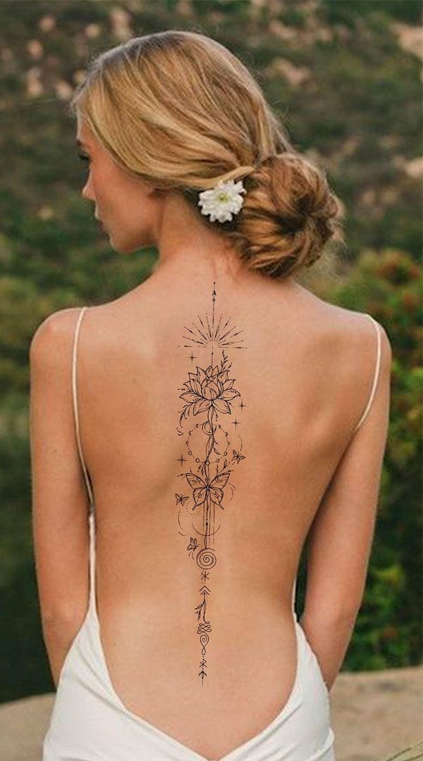 Cascading down the spine like celestial poetry, this intricate line-work design weaves together mystical elements—from radiating sunburst to delicate florals and cosmic symbols. The vertical composition creates an enchanting visual flow that transforms the back into a canvas for spiritual storytelling ✨