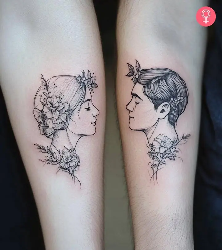 Delicate line work brings these romantic portraits to life, showcasing a couple gazing lovingly at each other across matching forearms. The feminine figure blooms with an elaborate floral crown and cascading botanicals, while her masculine counterpart features a simpler flower accent that beautifully balances the composition. This coordinated pair proves that matching tattoos can be both deeply personal and artistically stunning when executed with such thoughtful detail 🌸