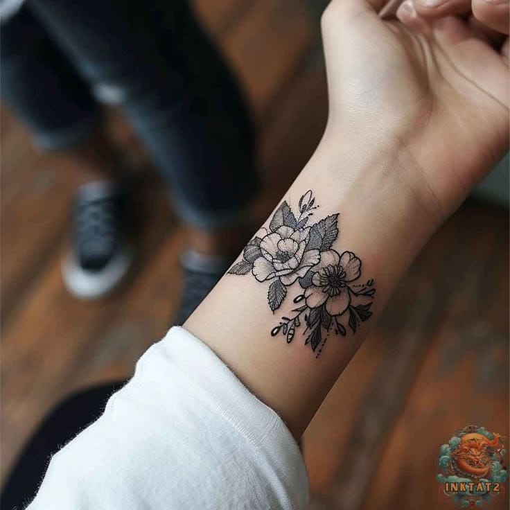 Delicate linework transforms this wrist into a botanical masterpiece, featuring intricately detailed roses and wildflowers that seem to bloom right from the skin. The strategic placement creates a stunning bracelet effect that flows naturally with the arm's curves, while the mix of fully rendered blooms and delicate stems adds beautiful depth and movement 🌸 Perfect proof that sometimes the most elegant tattoos are the ones that whisper rather than shout.