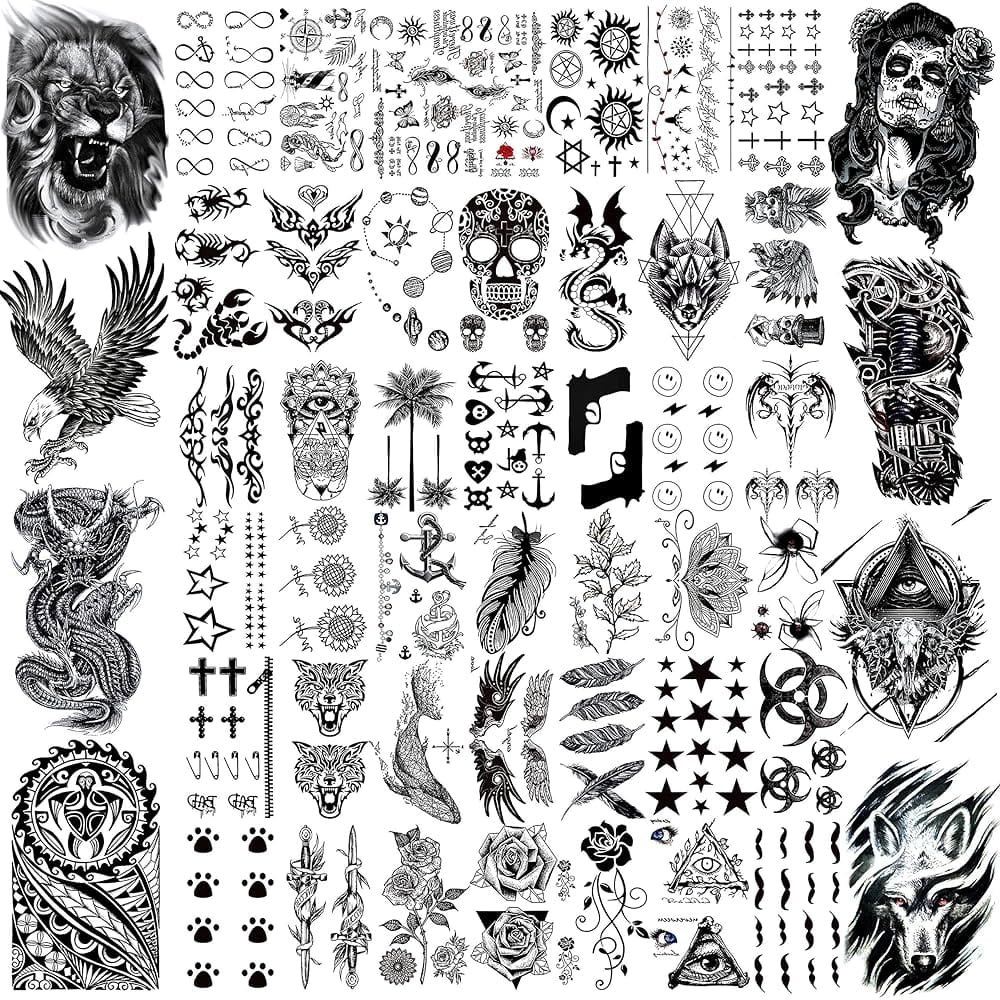 **Temporary Tattoo Paradise: Your Complete Collection Starter Pack** ✨
Bold eagles soar alongside mystical sugar skulls in this incredible temporary tattoo sheet that's basically a masterclass in ink artistry. From fierce lions to delicate feathers, geometric patterns to tribal designs, this collection lets you experiment with dozens of styles before committing to permanent ink. Perfect for festival season, special events, or just when you want to switch up your vibe without the lifelong commitment! 🦅💀