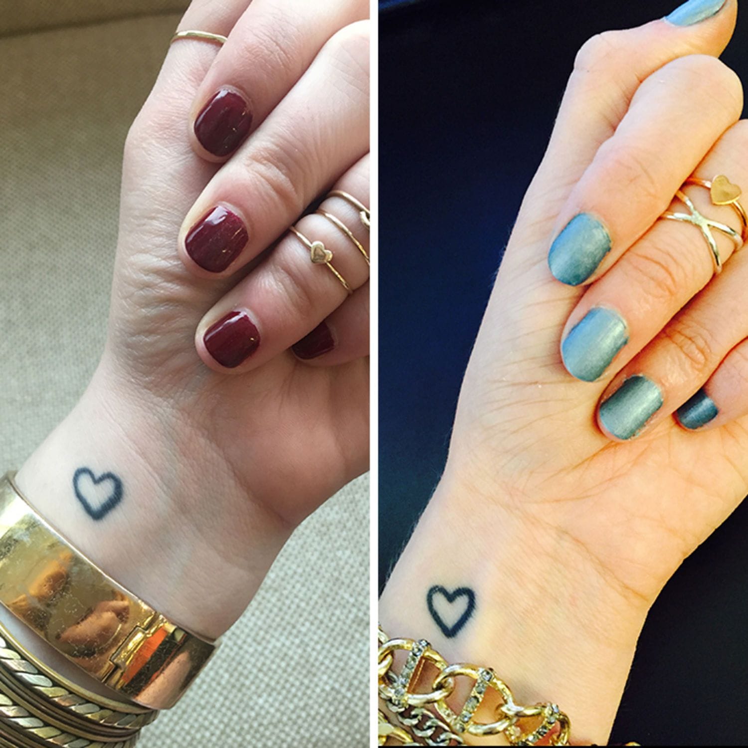 Delicate heart outlines etched on matching wrists create the sweetest symbol of connection - whether it's friendship, sisterhood, or romantic love. The minimalist black ink design proves that sometimes the smallest gestures carry the biggest meaning, perfectly positioned to catch glimpses throughout the day. Simple yet profound, these twin tattoos speak a universal language of devotion 💙