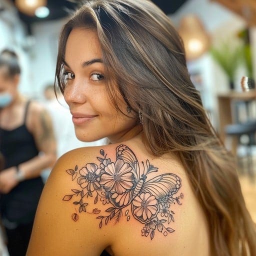 Delicate line work brings this shoulder blade floral composition to life, featuring graceful hibiscus blooms intertwined with ornate butterfly wings and trailing botanical elements. The artist's masterful black ink technique creates beautiful depth through varying line weights, while the organic flow follows the natural curves of her shoulder perfectly 🌺 A stunning example of how fine line tattoos can make such a bold statement without overwhelming the canvas.