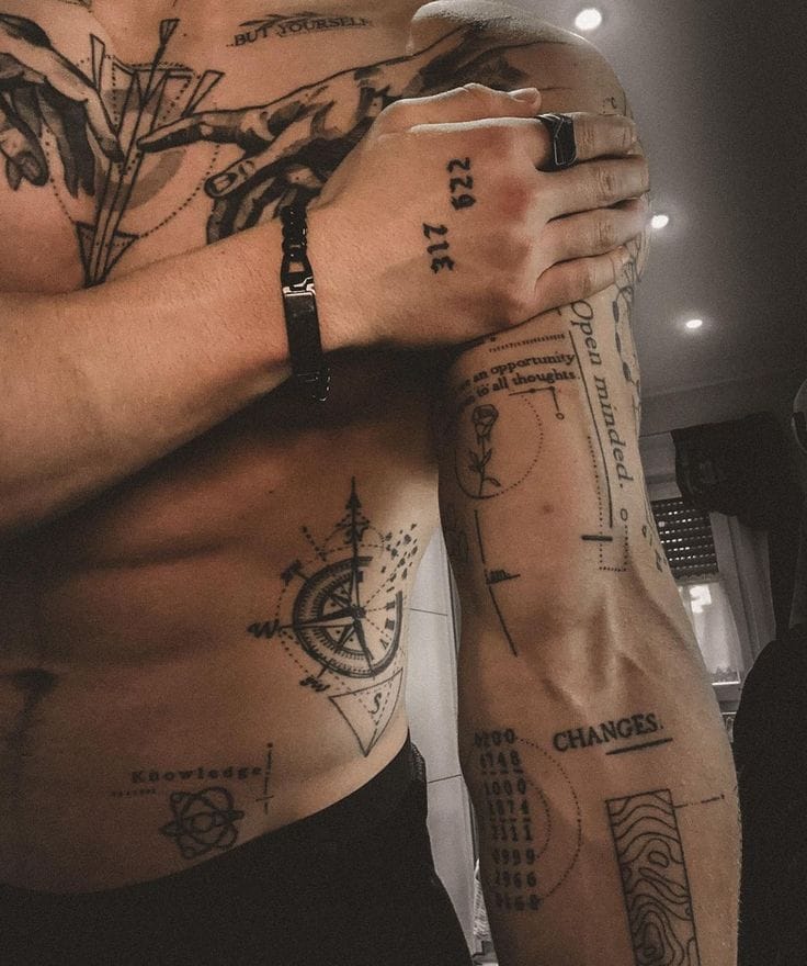 Geometric precision meets wanderlust dreams in this stunning blackwork sleeve featuring a detailed compass rose, delicate florals, and meaningful coordinates that tell a personal story. The strategic placement wrapping from torso to leg creates a cohesive narrative across the body, while fine line details and script elements add layers of symbolism and sophistication ✨