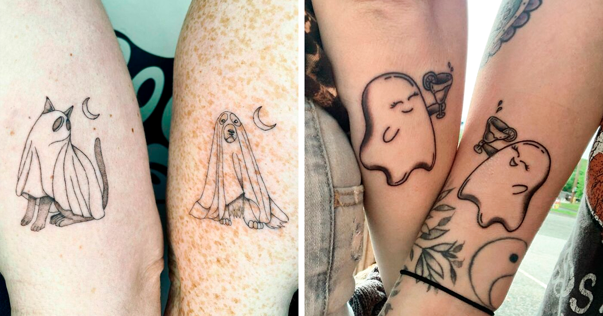 **Matching Ghost Companions That'll Haunt Your Heart** 👻
Delicate line work brings these adorable spirit friends to life across two arms, each ghost sporting their own personality while sharing celestial moon details. The left pair features a caped specter alongside a droopy-eared pup ghost, while the right showcases a weeping spirit clutching a steaming mug next to a contemplative companion. Perfect proof that matching tattoos don't have to be identical to tell a beautiful story of friendship.