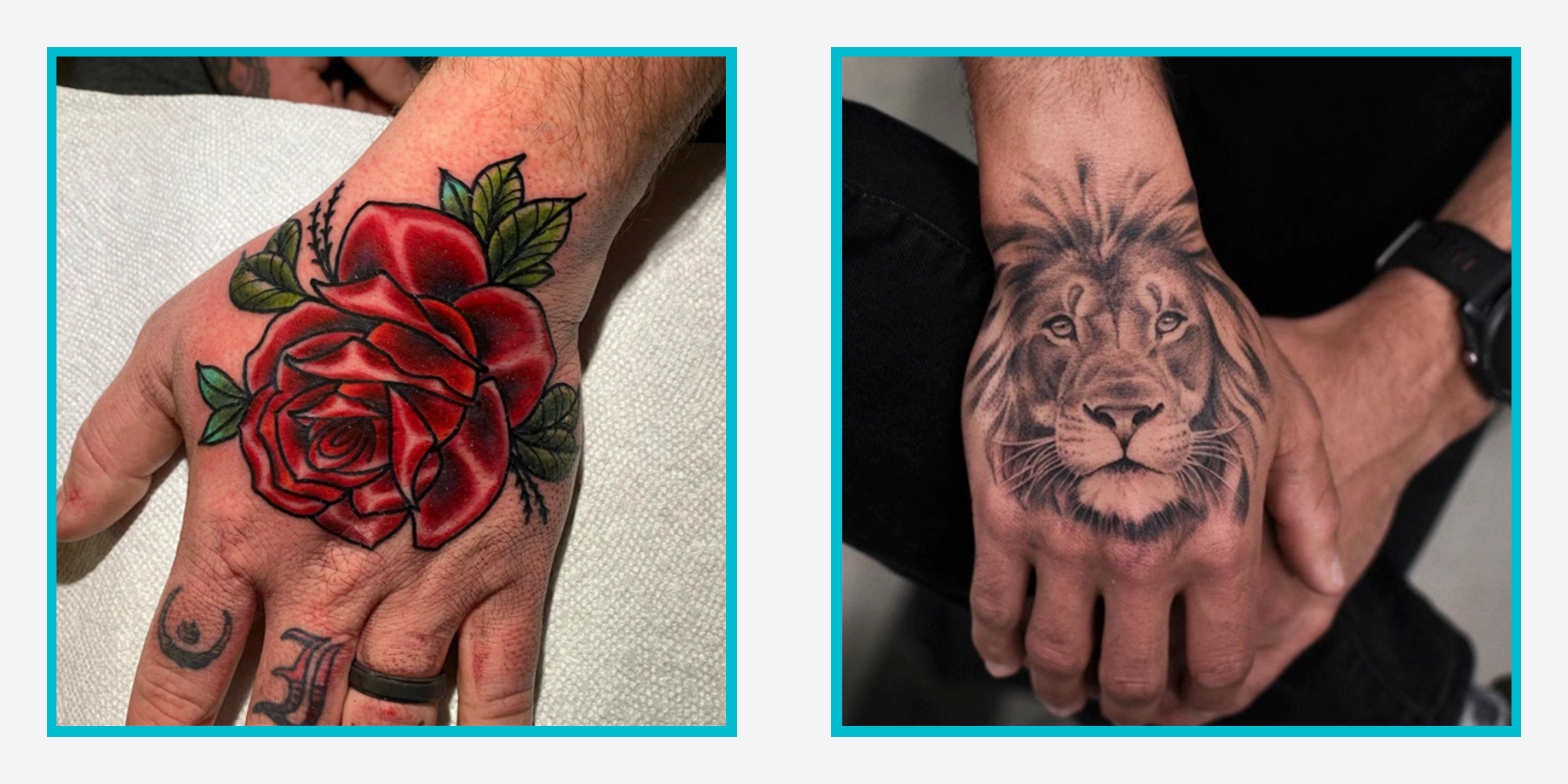 **Left Image:**
Bold crimson petals unfurl across the palm in this stunning traditional-style rose tattoo, complete with lush green leaves that seem to bloom right from the hand's natural curves. The rich color saturation and classic black outline work make this piece a timeless statement that's impossible to ignore.

**Right Image:**
Majestic and powerful, this realistic lion portrait commands attention as it stretches across the entire hand, with intricate mane details flowing naturally around the fingers. The artist's masterful shading technique brings incredible depth to this regal big cat, creating a tattoo that's both fierce and beautifully executed 🦁