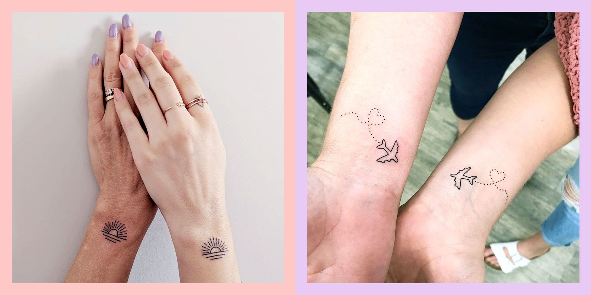 **Left Image:** Matching sunrise tattoos create pure magic when placed on the wrists - these delicate line work designs featuring radiating sun rays over gentle waves symbolize new beginnings and shared journeys ✨ The minimalist black ink style makes them perfect for friends, siblings, or couples who want something meaningful yet subtle.
**Right Image:** Aviation lovers will adore these complementary airplane tattoos that tell a story of connection across distance! One wrist features a soaring plane while the other shows a dotted flight path, creating a beautiful narrative about travel, adventure, or long-distance relationships when the wrists are brought together.