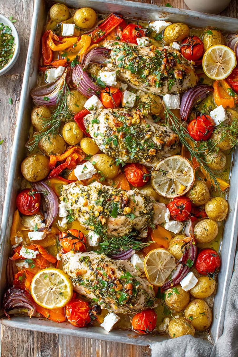 Herby Feta Lemon Chicken and Veggie Sheet Pan Dinner