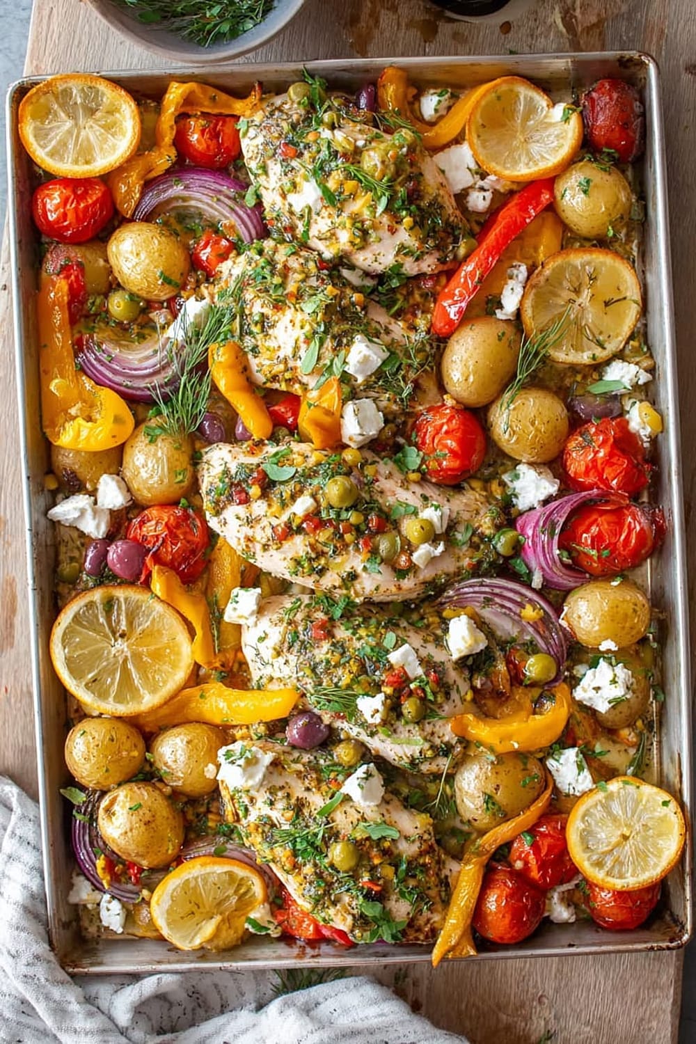 Herby Feta Lemon Chicken and Veggie Sheet Pan Dinner