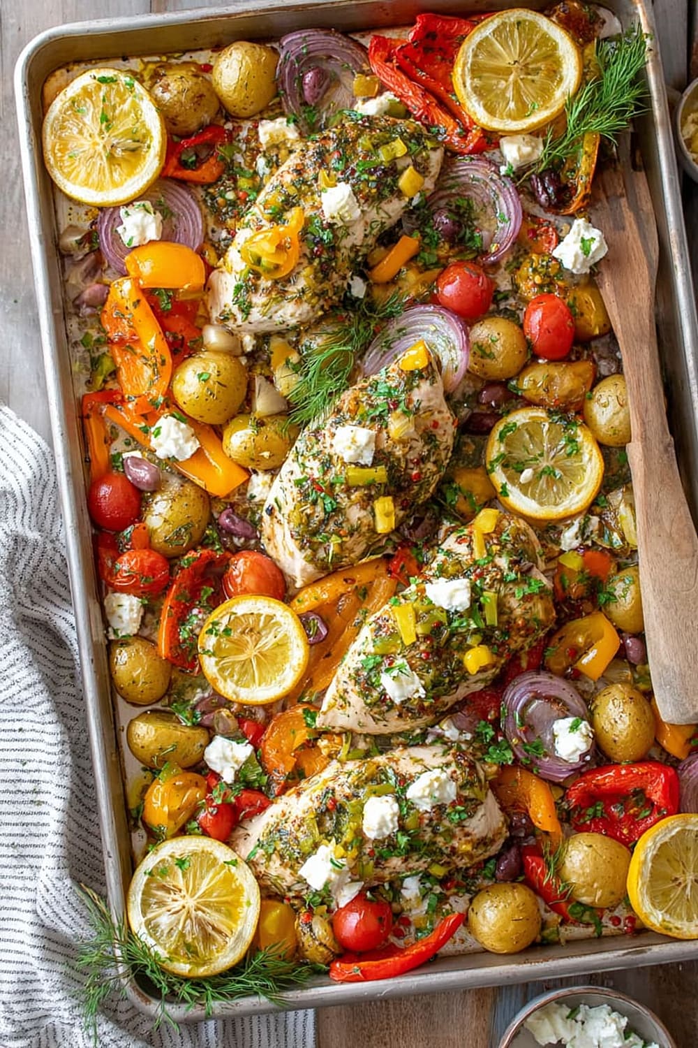 Herby Feta Lemon Chicken and Veggie Sheet Pan Dinner
