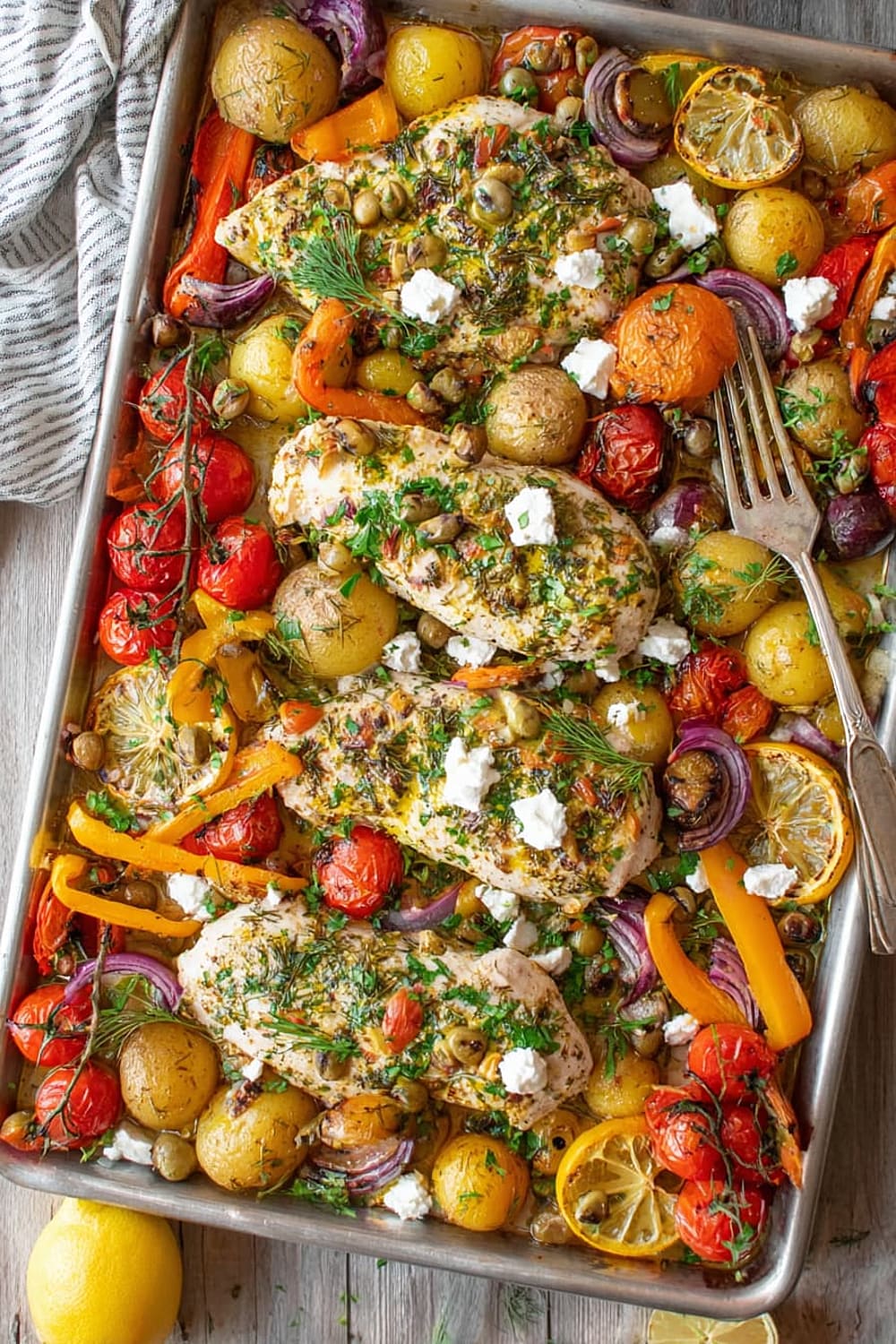 Herby Feta Lemon Chicken and Veggie Sheet Pan Dinner
