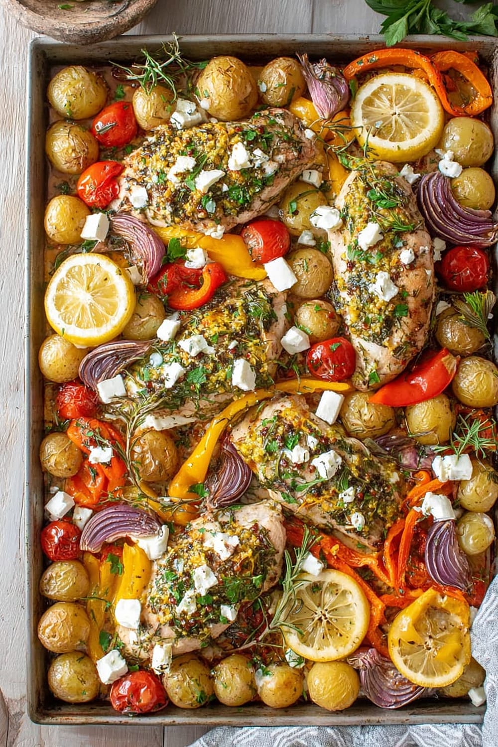 Herby Feta Lemon Chicken and Veggie Sheet Pan Dinner