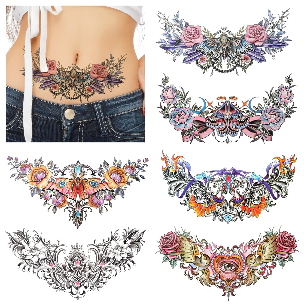 Here are unique Pinterest-style descriptions for each tattoo design:
**Top Left (worn tattoo):**
Botanical elegance meets mystical charm in this stunning under-bust piece featuring a delicate moth surrounded by roses and intricate foliage. The horizontal placement perfectly follows the natural curves of the ribcage, creating a feminine and ethereal statement.
**Top Right - Design 1:**
Symmetrical perfection unfolds in this enchanting moth and rose composition, where soft pink blooms frame ornate wings in perfect harmony. The detailed linework and jewel-like accents make this design pure tattoo artistry.
**Top Right - Design 2:**
Bold cecropia moth wings stretch majestically across flowing pink ribbons and blooming roses in this dramatic horizontal design. The eye-spots on the wings add an almost mystical quality that's absolutely mesmerizing.
**Bottom Left:**
Fiery sunset hues ignite this spectacular moth centerpiece, where peacock-bright wings spread between cascading peonies and ornate details. The warm color palette transforms traditional black ink into something truly extraordinary ✨
**Bottom Right:**
Twin portraits emerge from swirling flames and decorative elements in this bold, narrative-style piece that feels like ancient mythology come to life. The intricate faces and flowing hair create incredible depth and storytelling potential.
**Bottom Left (B&