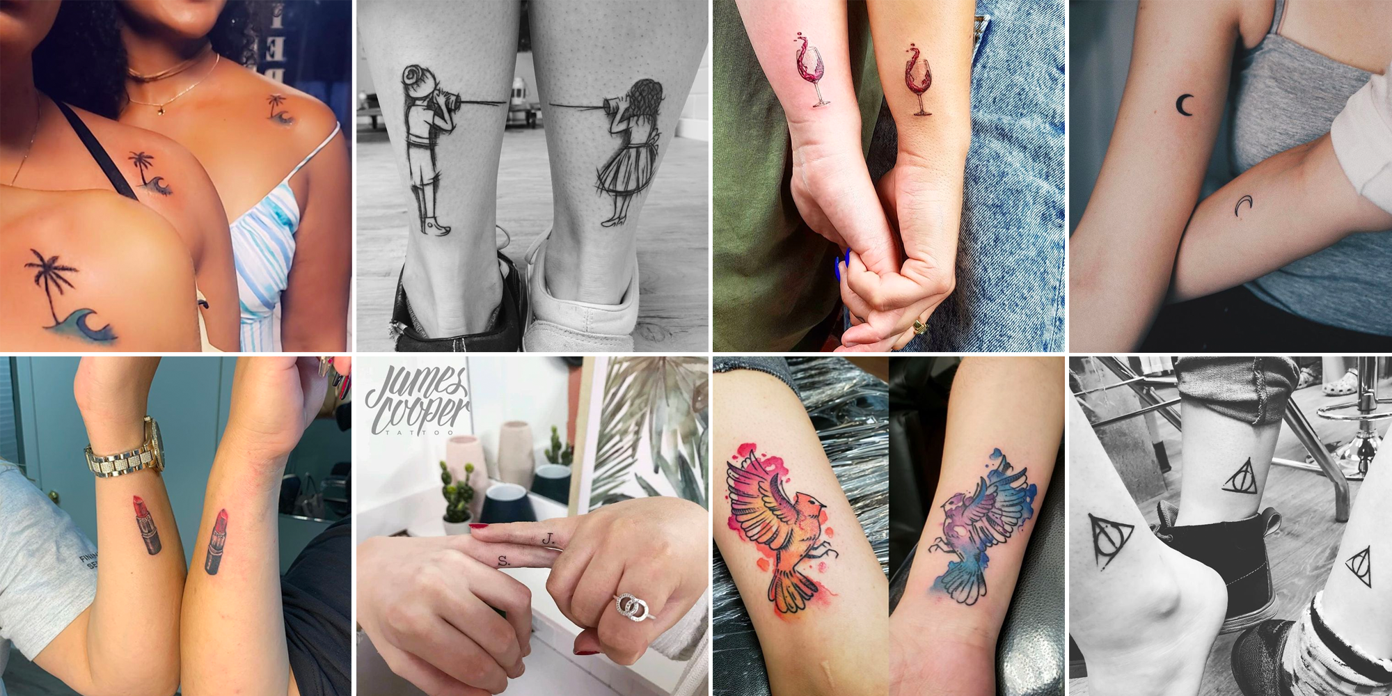 **Wanderlust meets whimsy** in this delightful collection of travel-inspired ink! 🌴 From tropical palm trees and ocean waves scattered across sun-kissed skin to matching telescope tattoos that celebrate shared adventures, these pieces capture the spirit of exploration beautifully. Whether it's wine glasses for the foodie travelers, vibrant hummingbirds in flight, or geometric symbols that speak to deeper journeys, each design tells a story of places discovered and memories made.